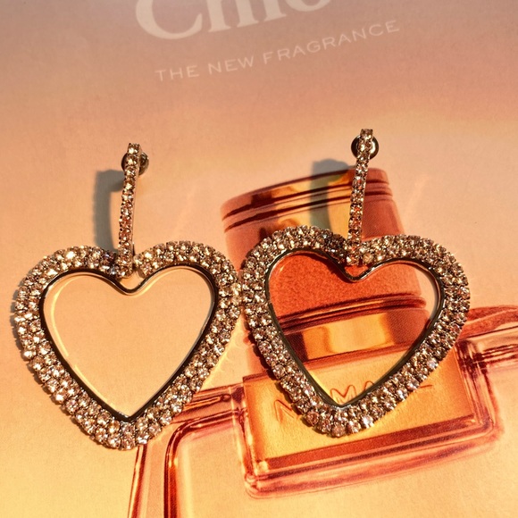 Big Silver Rhinestone Heart Earrings - Picture 2 of 3